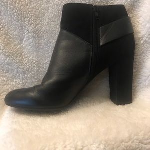 Size 10 Black Leather and Suede High-Heeled Ankle Booties.